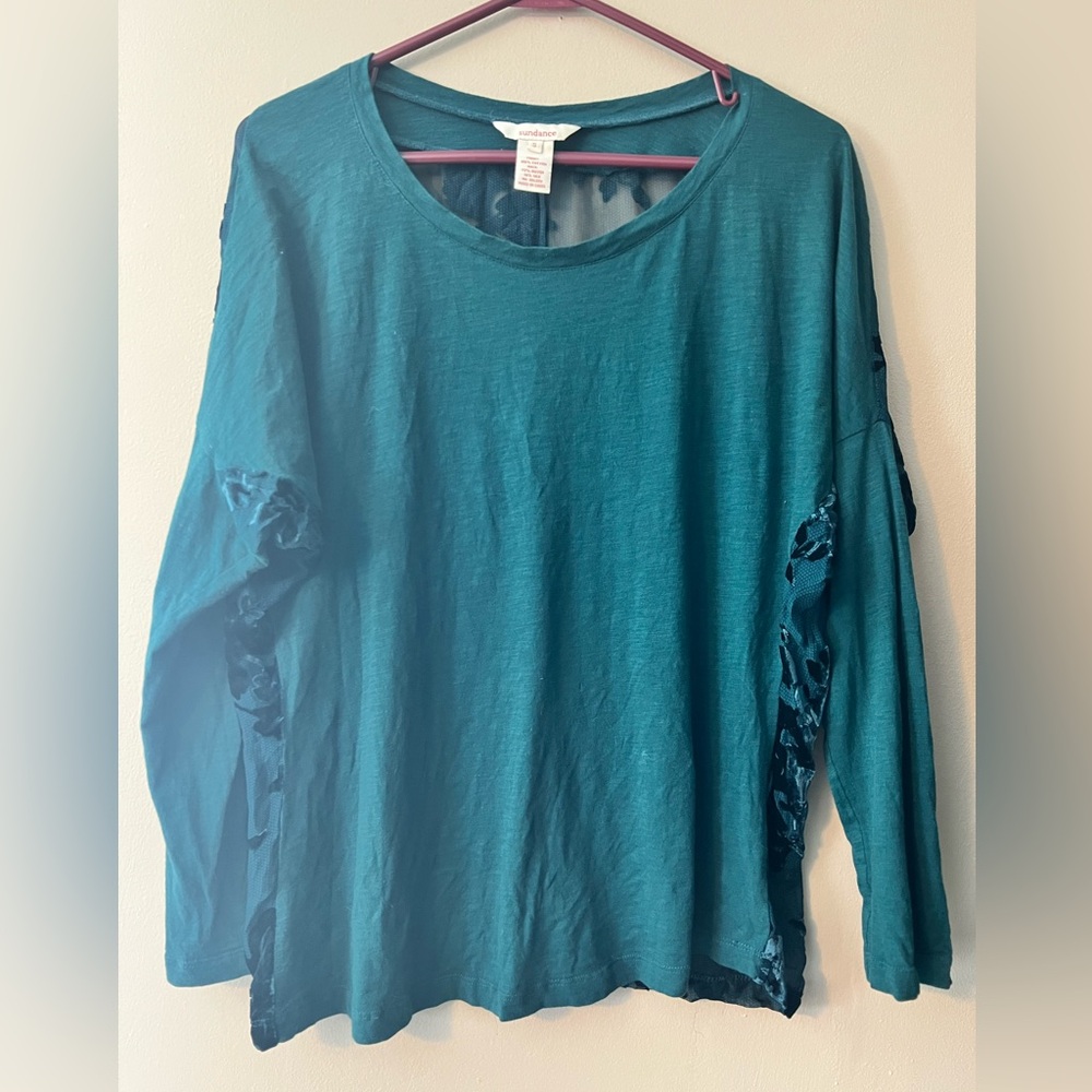 Sundance sz small greenish teal long sleeve shirt with sheer velvet floral back.